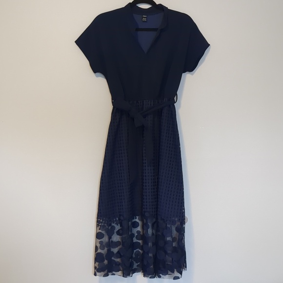 Navy Midi Dress Polka Dot Mesh Hem Detachable Belt Size M - Picture 3 of 15